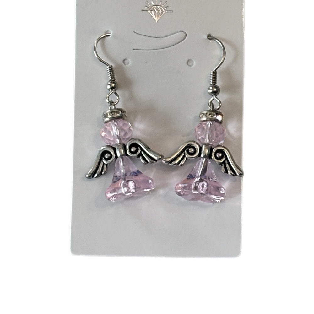 Silver and Pink Angel Earrings Hand Crafted - Picture 1 of 3